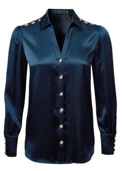 Holland Cooper Silk V-Neck Blouse Petrol Blue