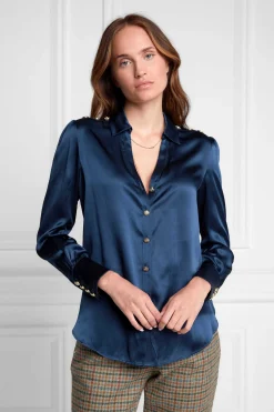 Holland Cooper Silk V-Neck Blouse Petrol Blue