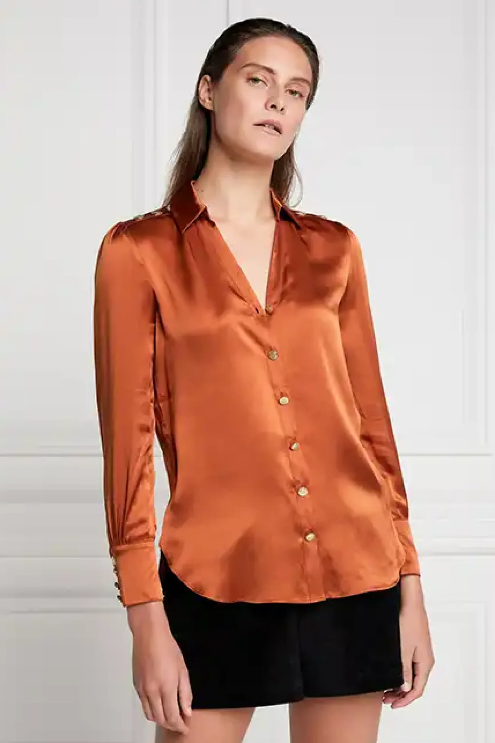Holland Cooper Silk V-Neck Blouse Caramel Best