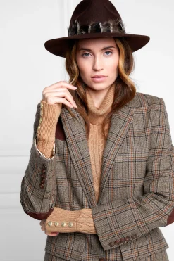Holland Cooper Trilby Hat Iridescent Feather Band Chocolate Clearance