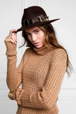Holland Cooper Trilby Hat Iridescent Feather Band Chocolate Clearance