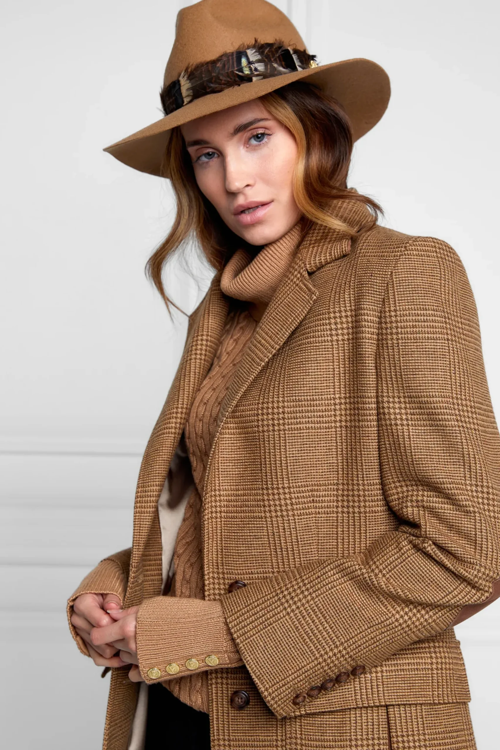 Holland Cooper Trilby Hat Iridescent Feather Band Camel Clearance