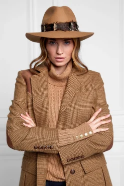 Holland Cooper Trilby Hat Iridescent Feather Band Camel Clearance