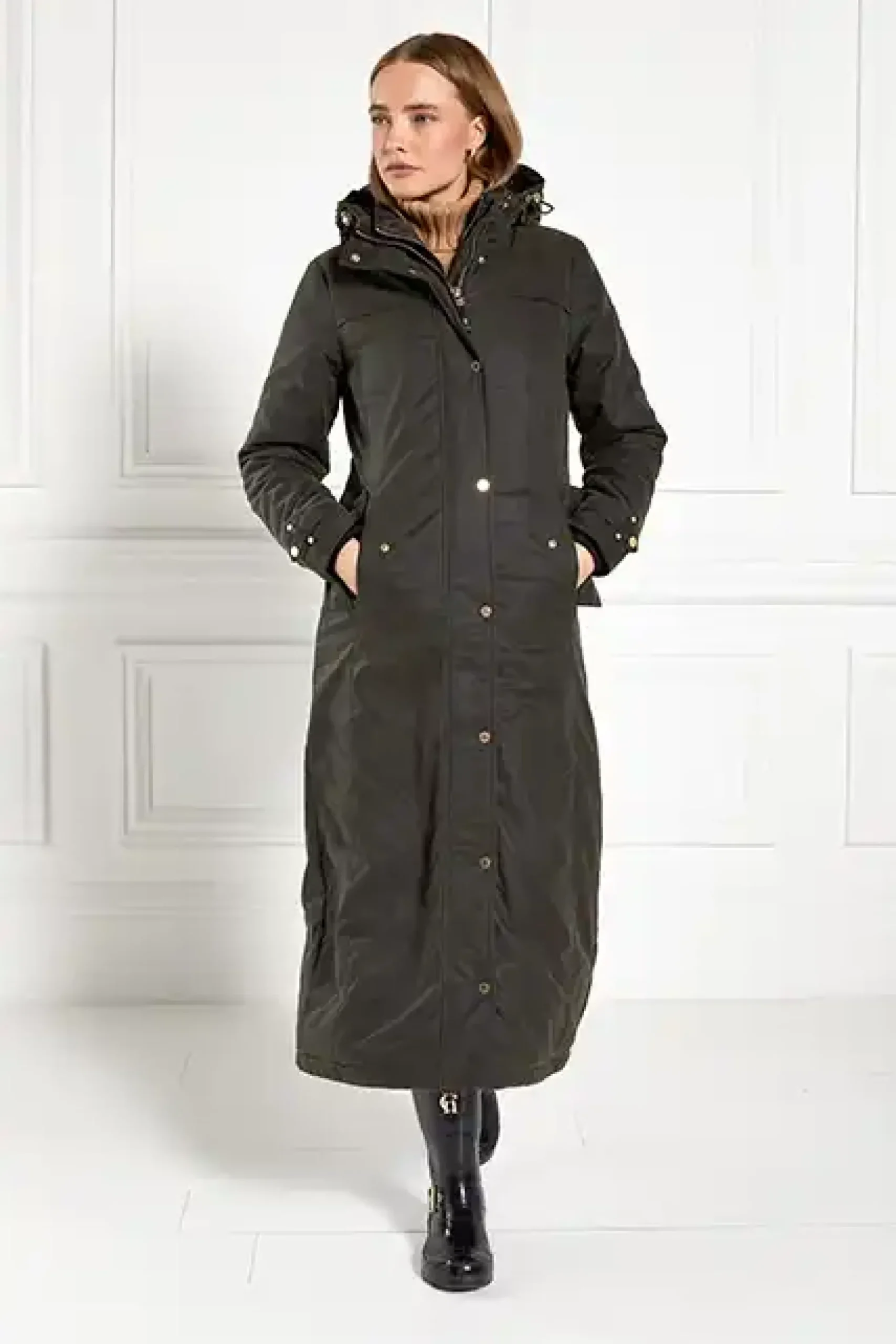 Holland Cooper Wax Longline Field Coat Dark Olive